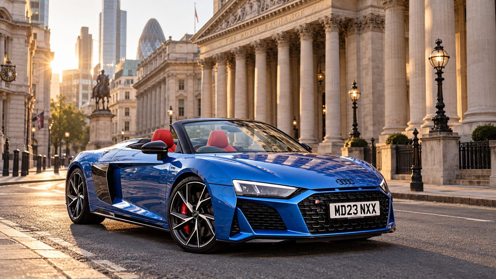 Audi R8 Spyder at the Royal Exchange, London, in golden-hour light