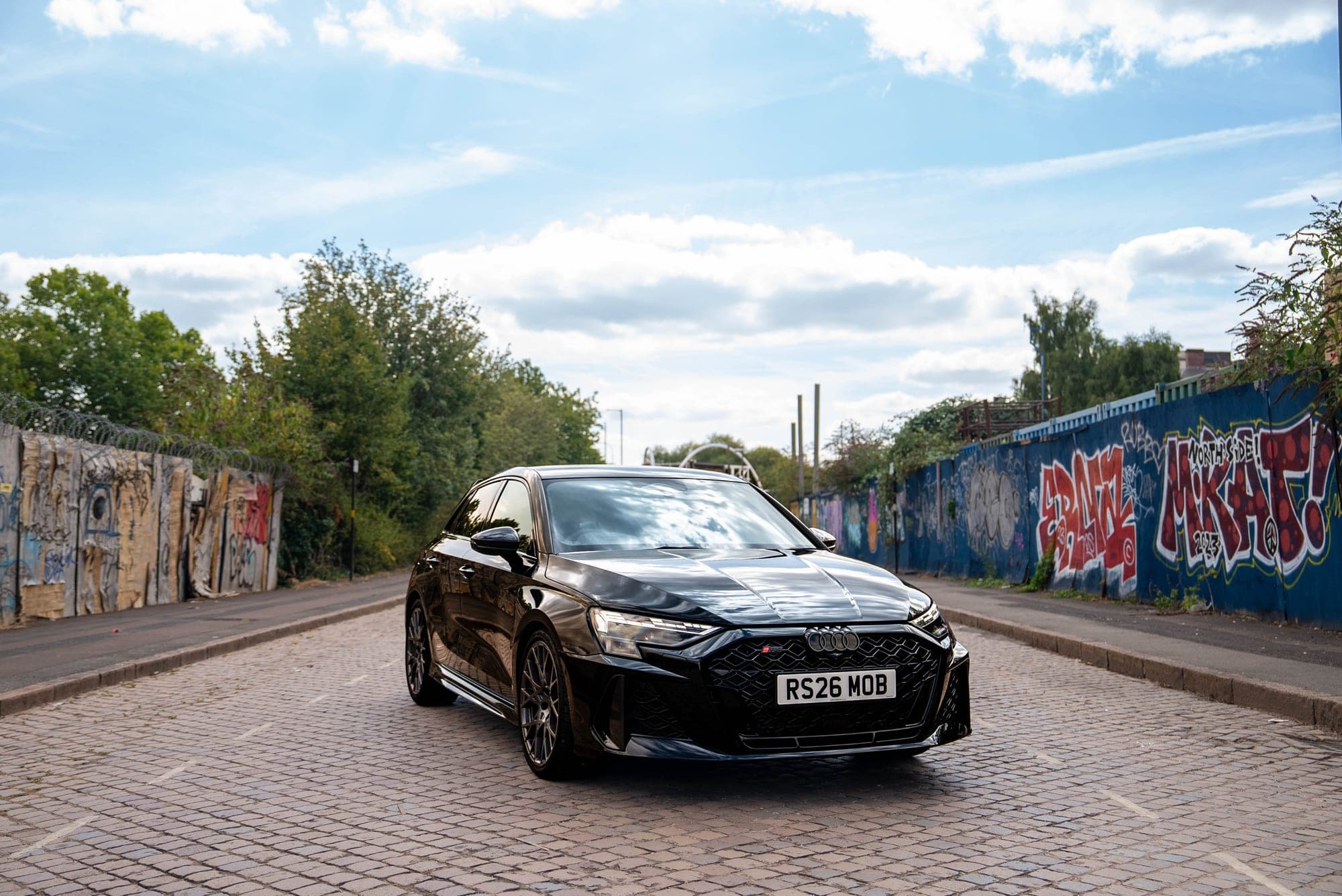 Front of the black Audi RS3 Sportback