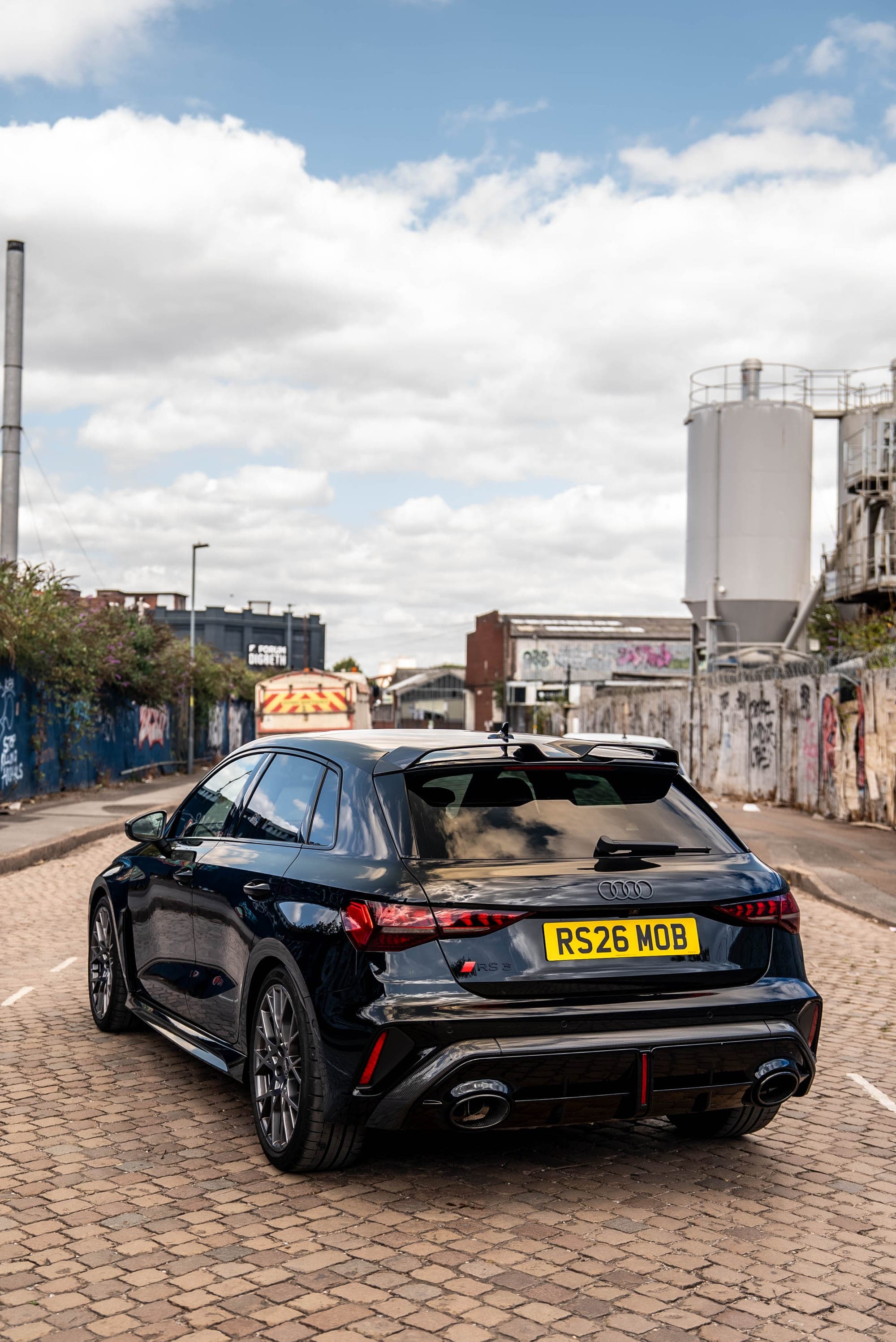 Rear three-quarter view of the Audi RS3 Sportback