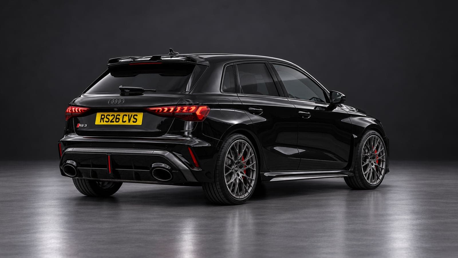 Black Audi RS3 Sportback, rear three-quarter, available to hire from CVS Car Hire