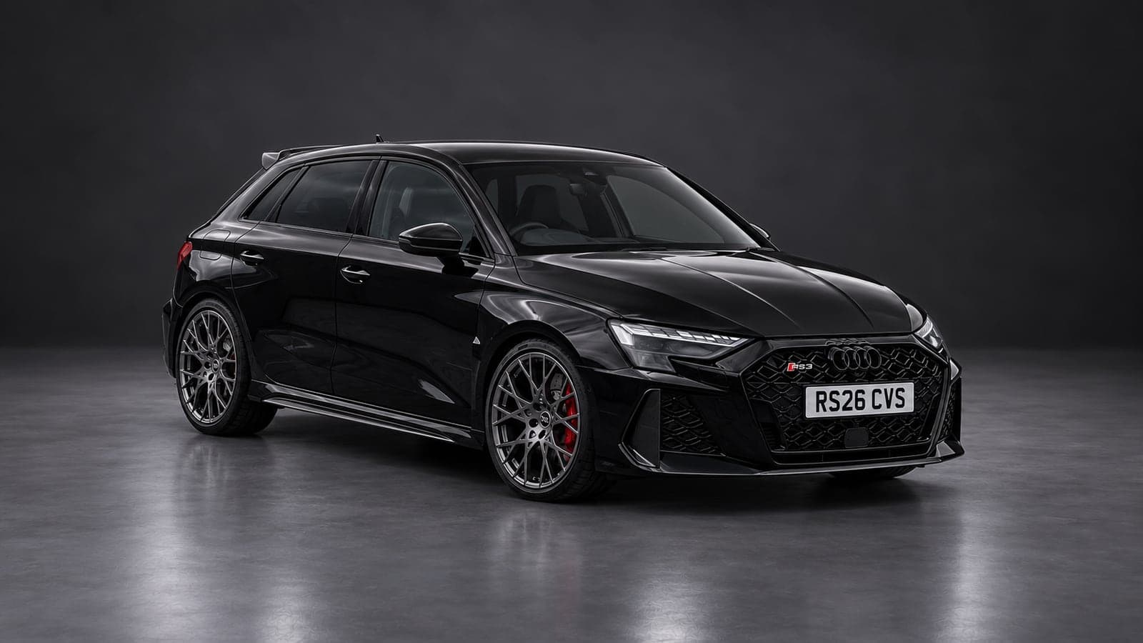 Black Audi RS3 Sportback, front three-quarter — performance car hire from CVS Car Hire