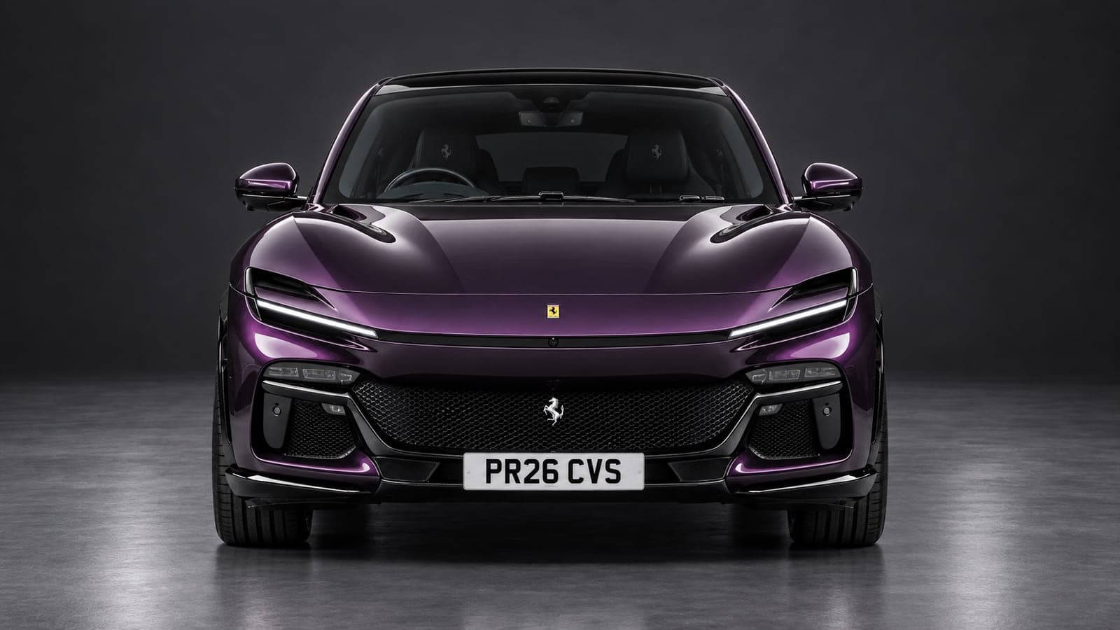 Aubergine Ferrari Purosangue, head-on, available to hire from CVS Car Hire