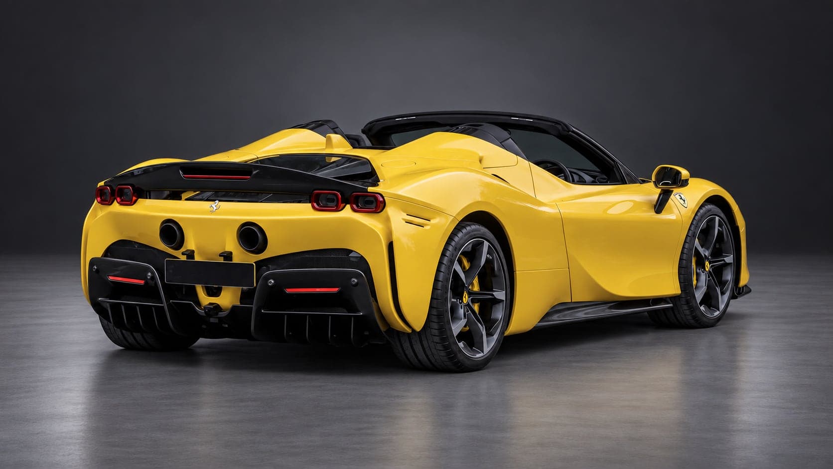 Yellow Ferrari SF90 Spider, rear three-quarter, available to hire from CVS Car Hire