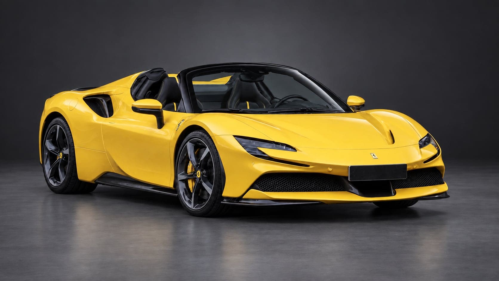 Yellow Ferrari SF90 Spider, front three-quarter — supercar hire from CVS Car Hire