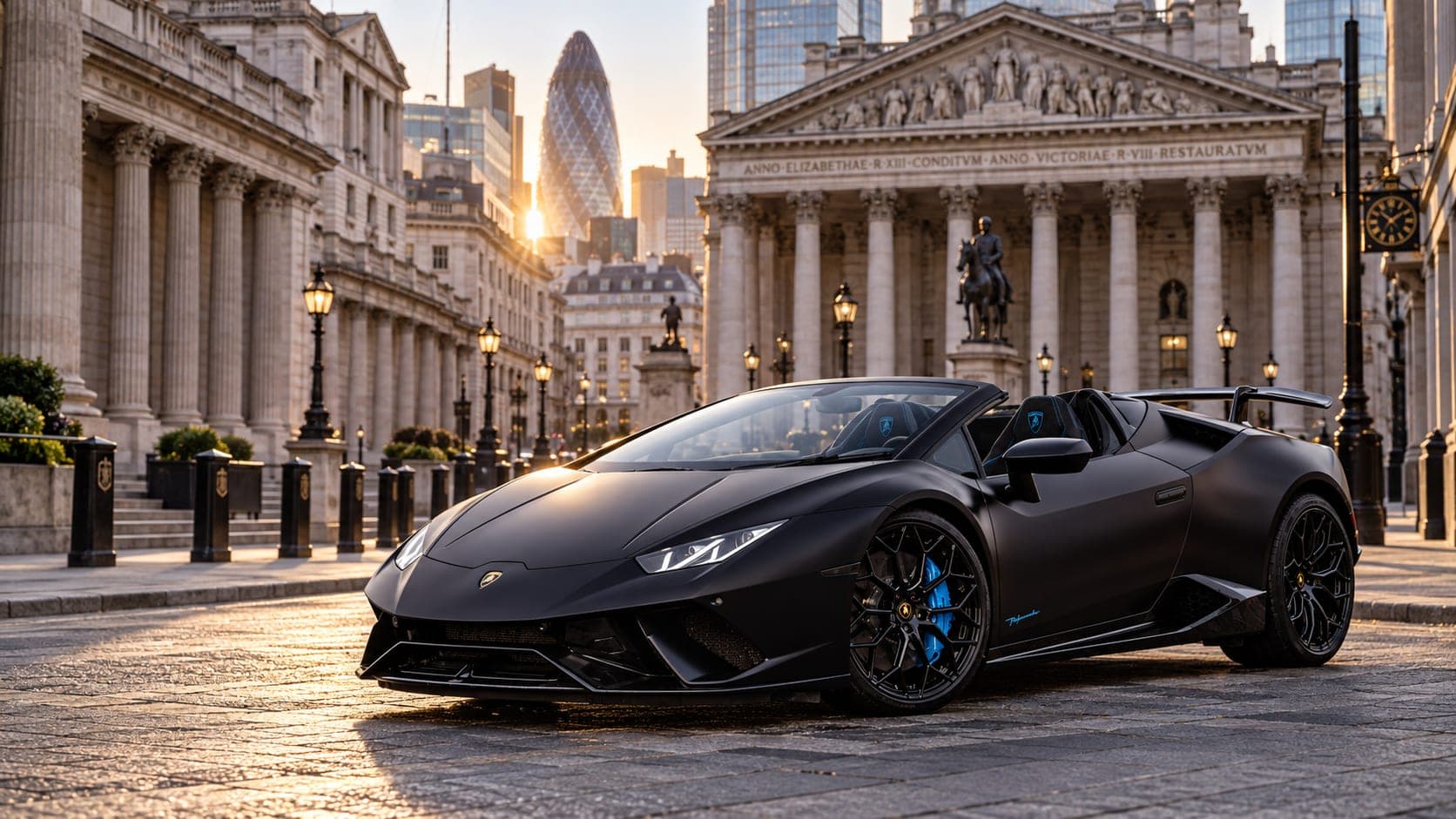 Lamborghini Huracán Performante Spyder at the Royal Exchange, London, in golden-hour light