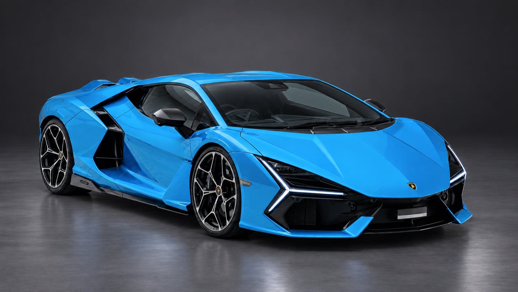 Blue Lamborghini Revuelto V12 hybrid, front three-quarter — supercar hire from CVS Car Hire