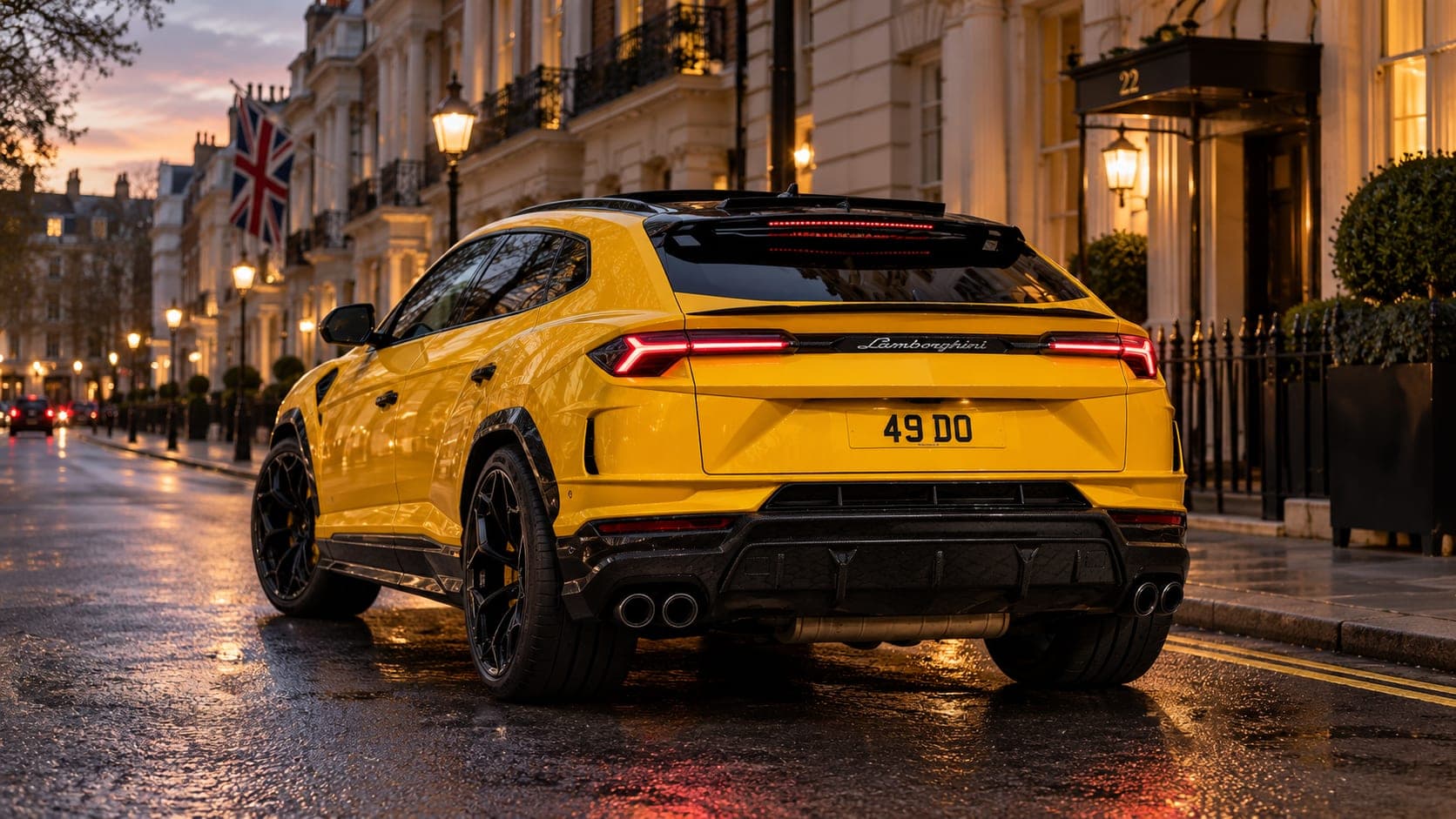 Yellow Lamborghini Urus Performante on a Mayfair street at night, rear three-quarter, available to hire from CVS Car Hire