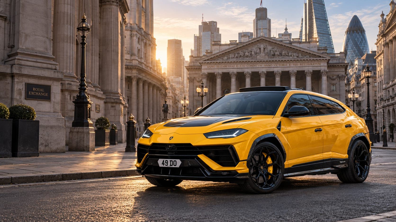 Lamborghini Urus Performante at the Royal Exchange, London, in golden-hour light