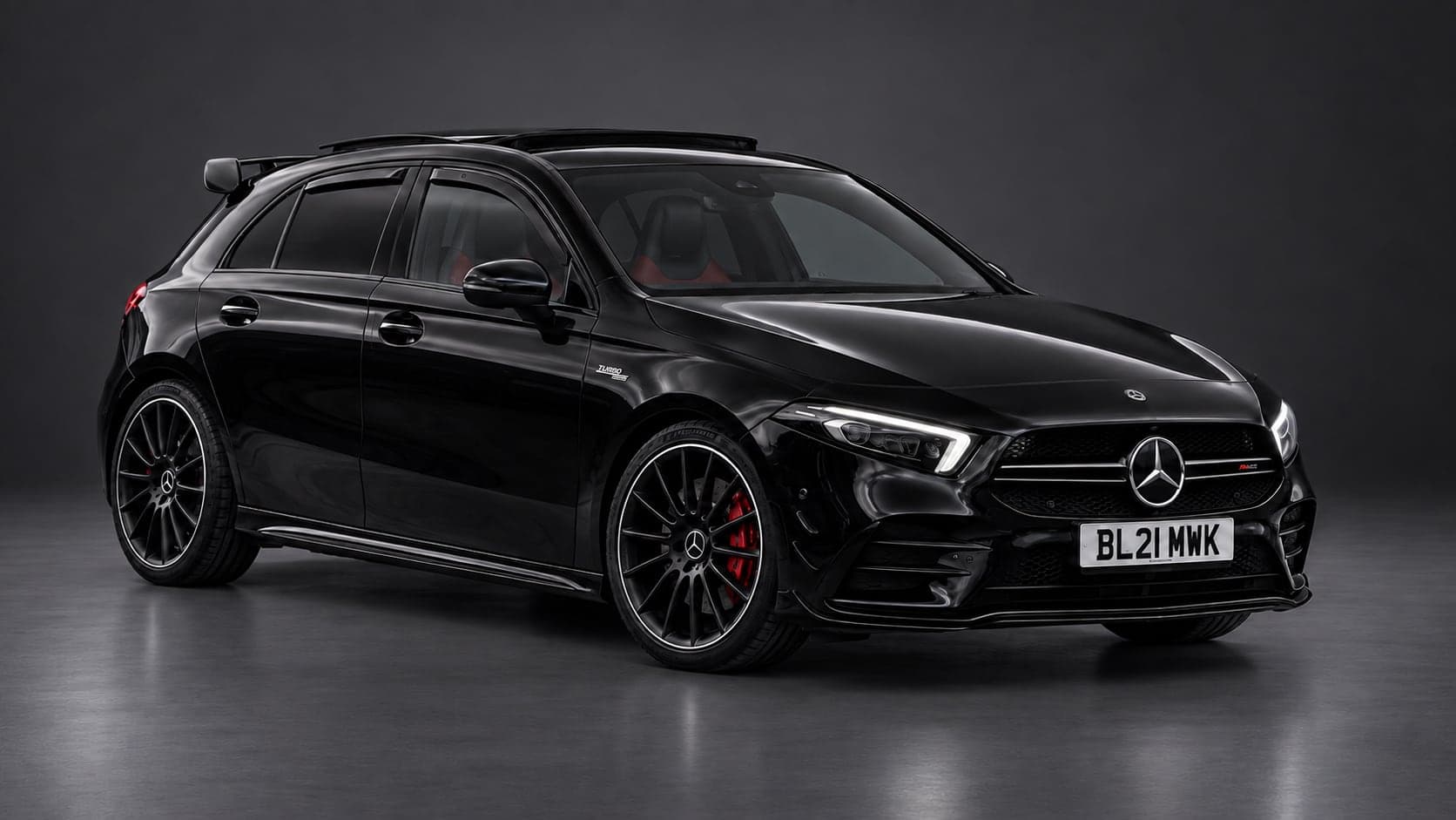 Black Mercedes-AMG A 35, front three-quarter — performance car hire from CVS Car Hire