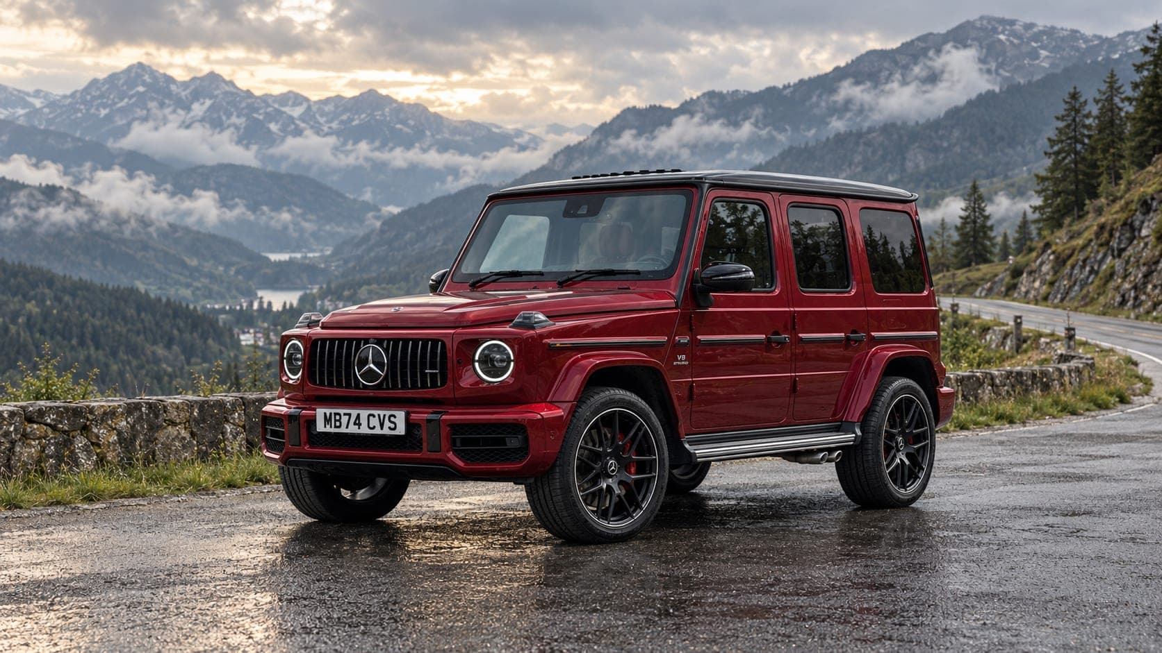 Red Mercedes-AMG G63 in the mountains