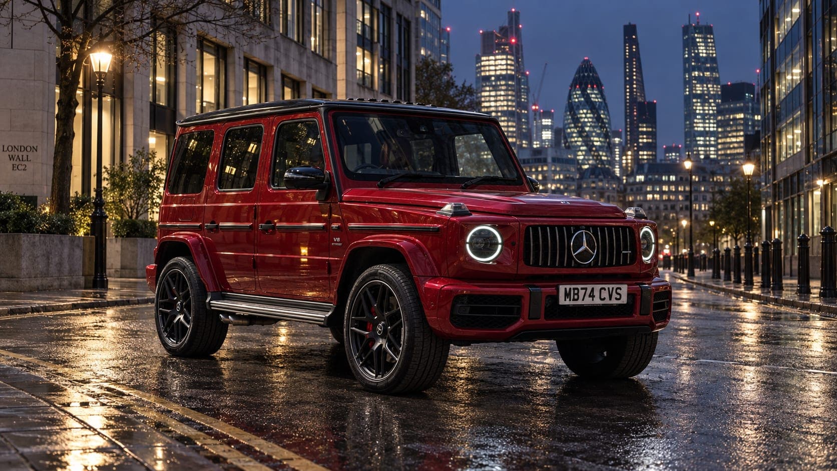 Red Mercedes-AMG G63 in the City of London at night