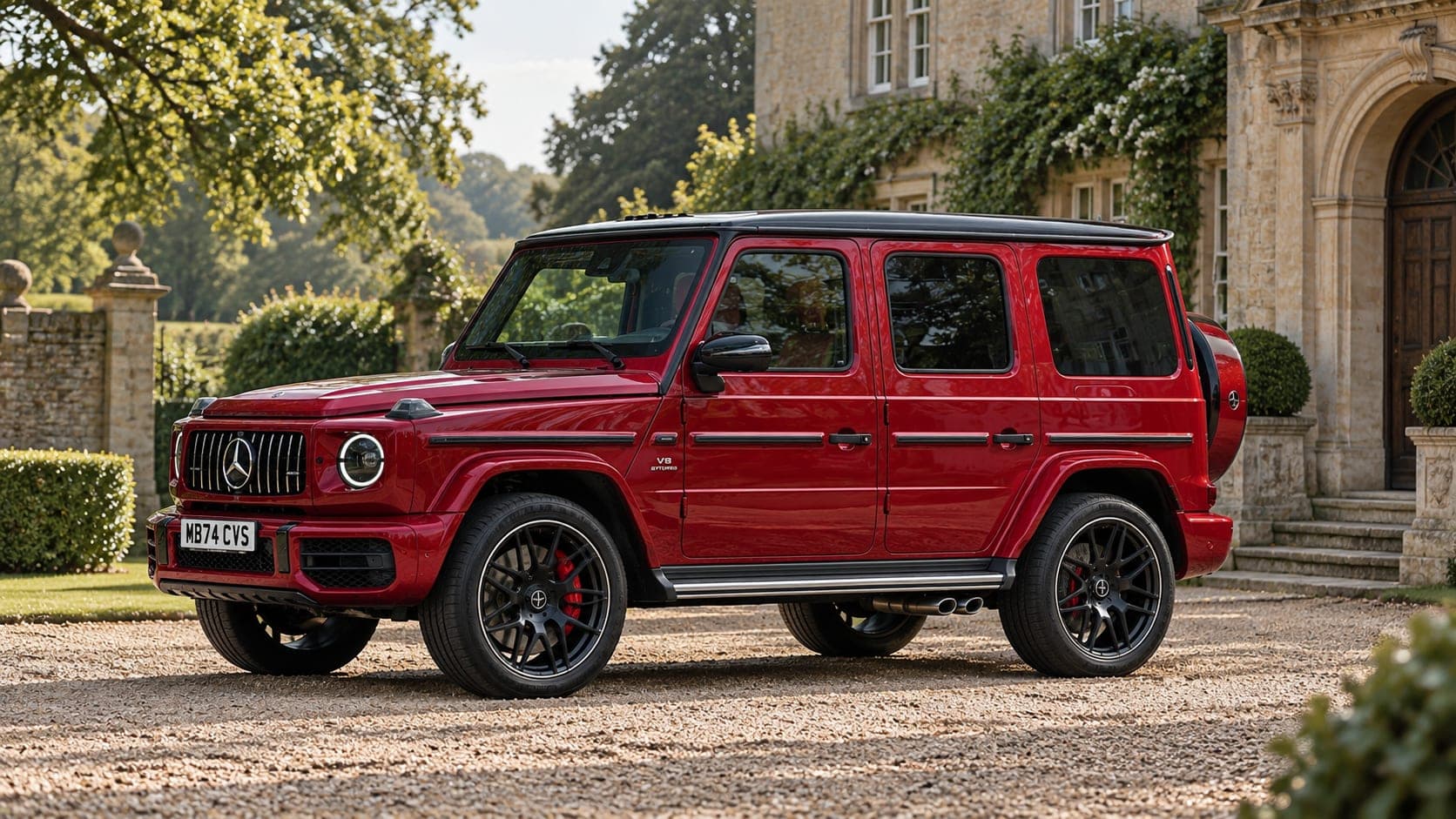 Red Mercedes-AMG G63 outside a country manor