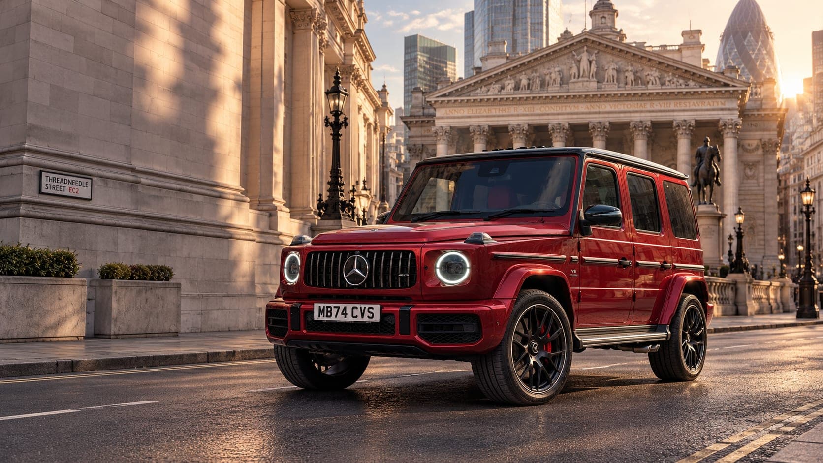 Red Mercedes-AMG G63 at the Royal Exchange, London, in golden-hour light