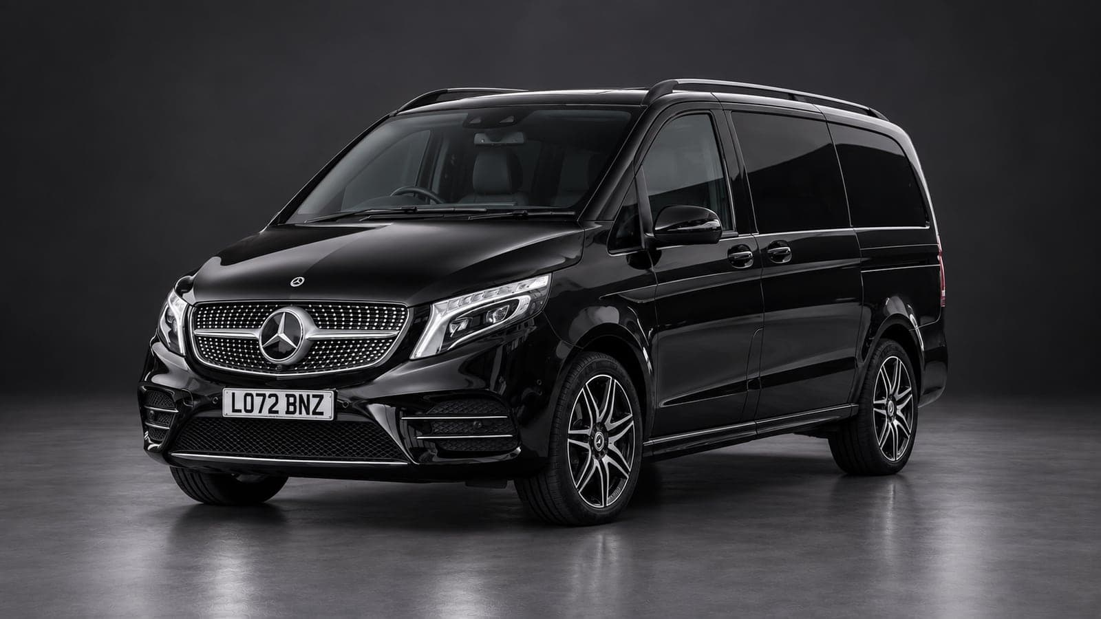 Black Mercedes-Benz V-Class, front three-quarter, available to hire from CVS Car Hire