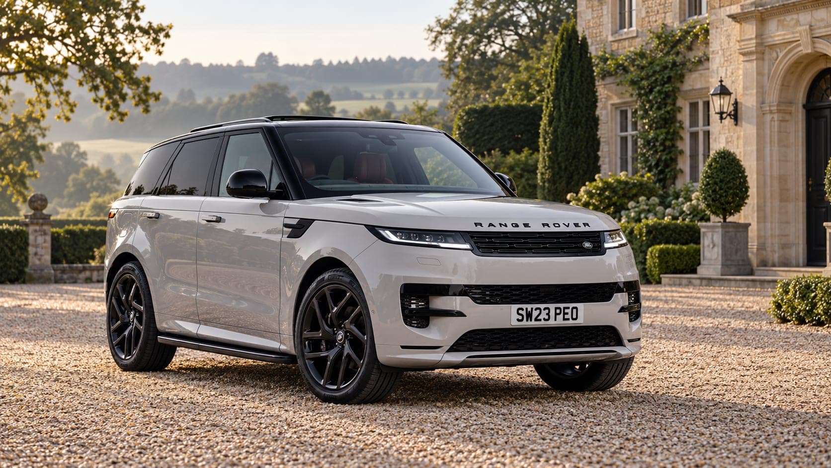 White Range Rover Sport at a country manor, front three-quarter, available to hire from CVS Car Hire