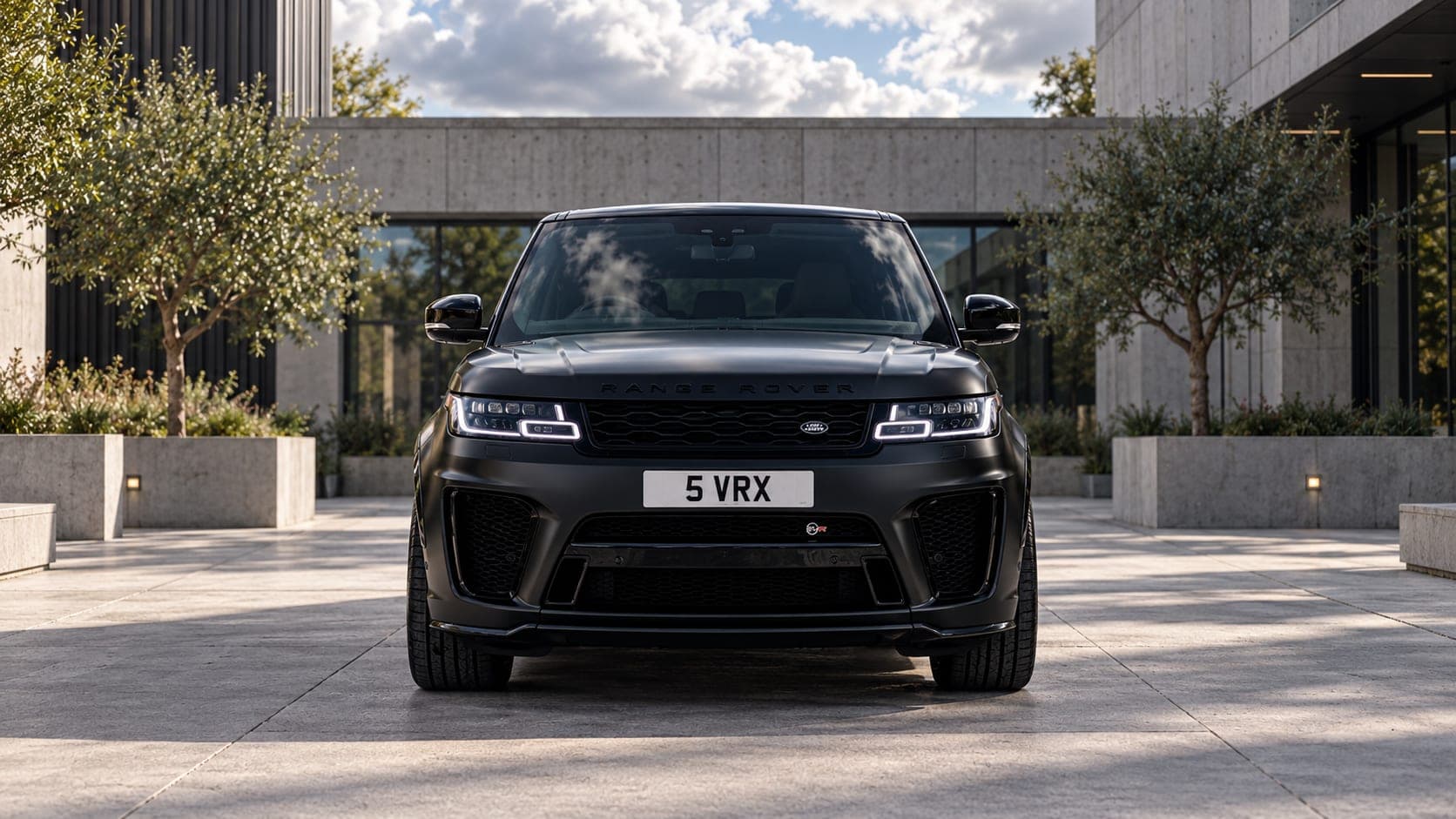Matte black Range Rover Sport SVR, front three-quarter, available to hire from CVS Car Hire