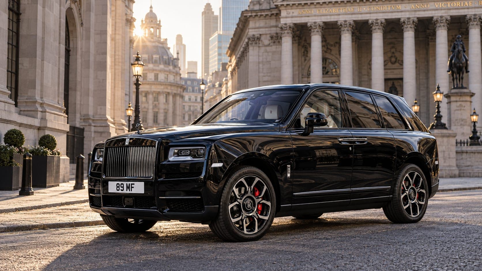 Rolls-Royce Cullinan Black Badge at the Royal Exchange, London, in golden-hour light