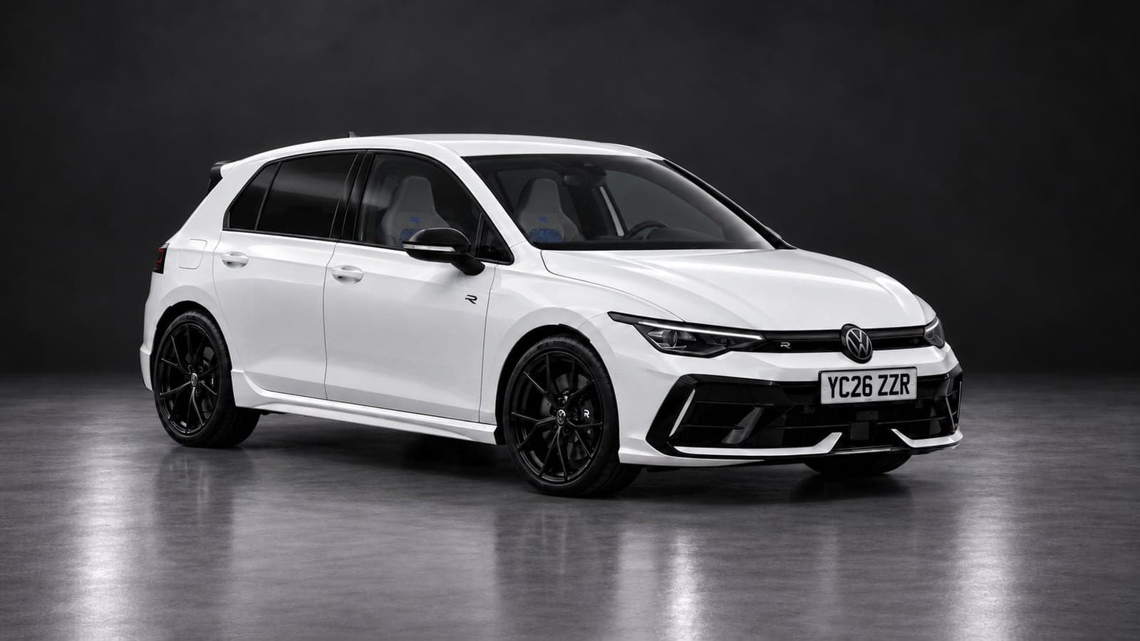 White Volkswagen Golf R, front three-quarter, available to hire from CVS Car Hire