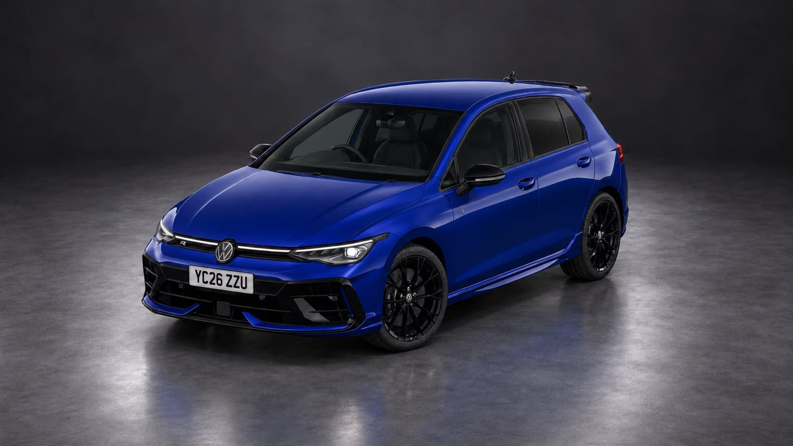 Lapiz Blue Volkswagen Golf R — elevated front, studio