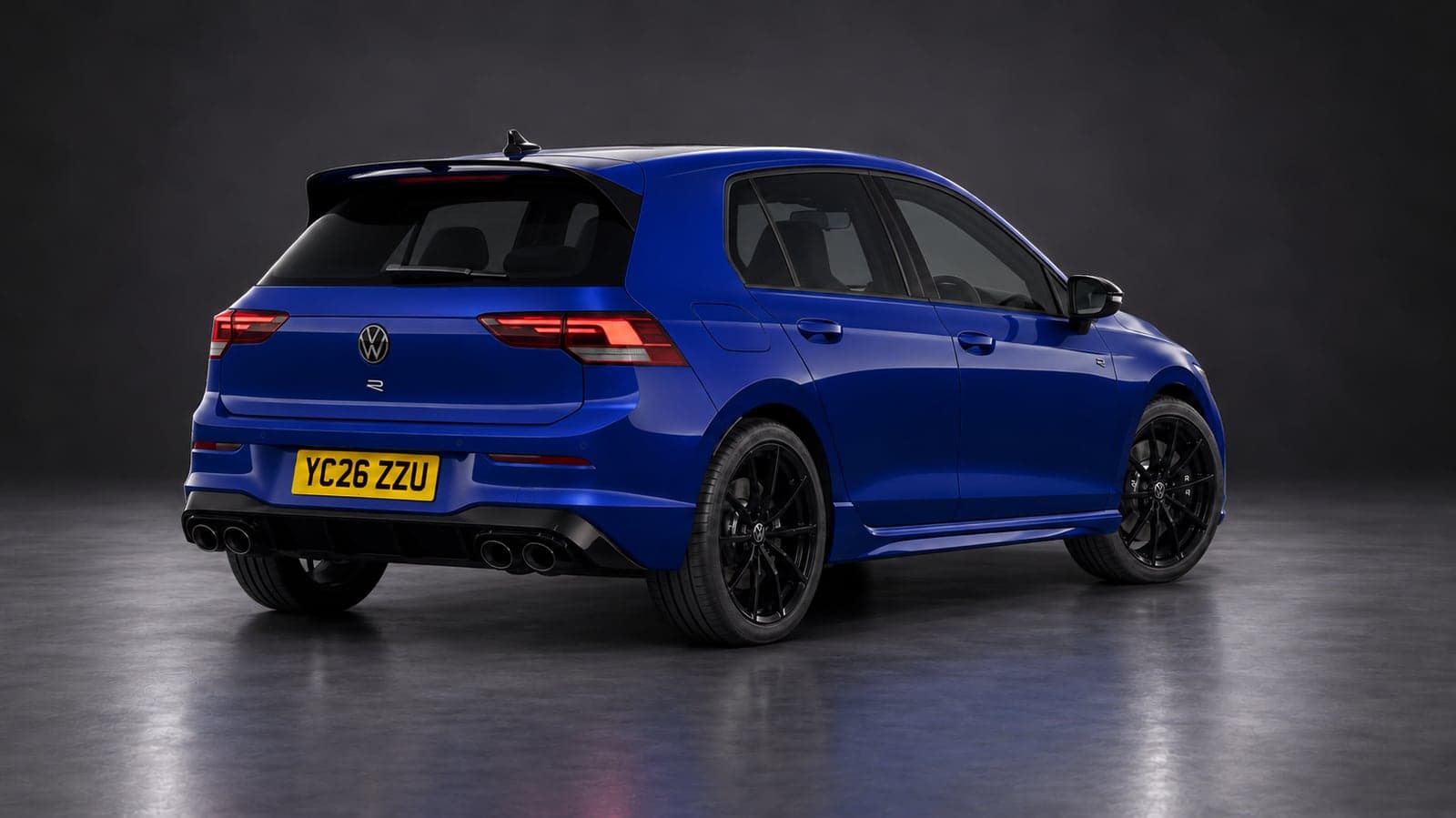Lapiz Blue Volkswagen Golf R — rear three-quarter, studio