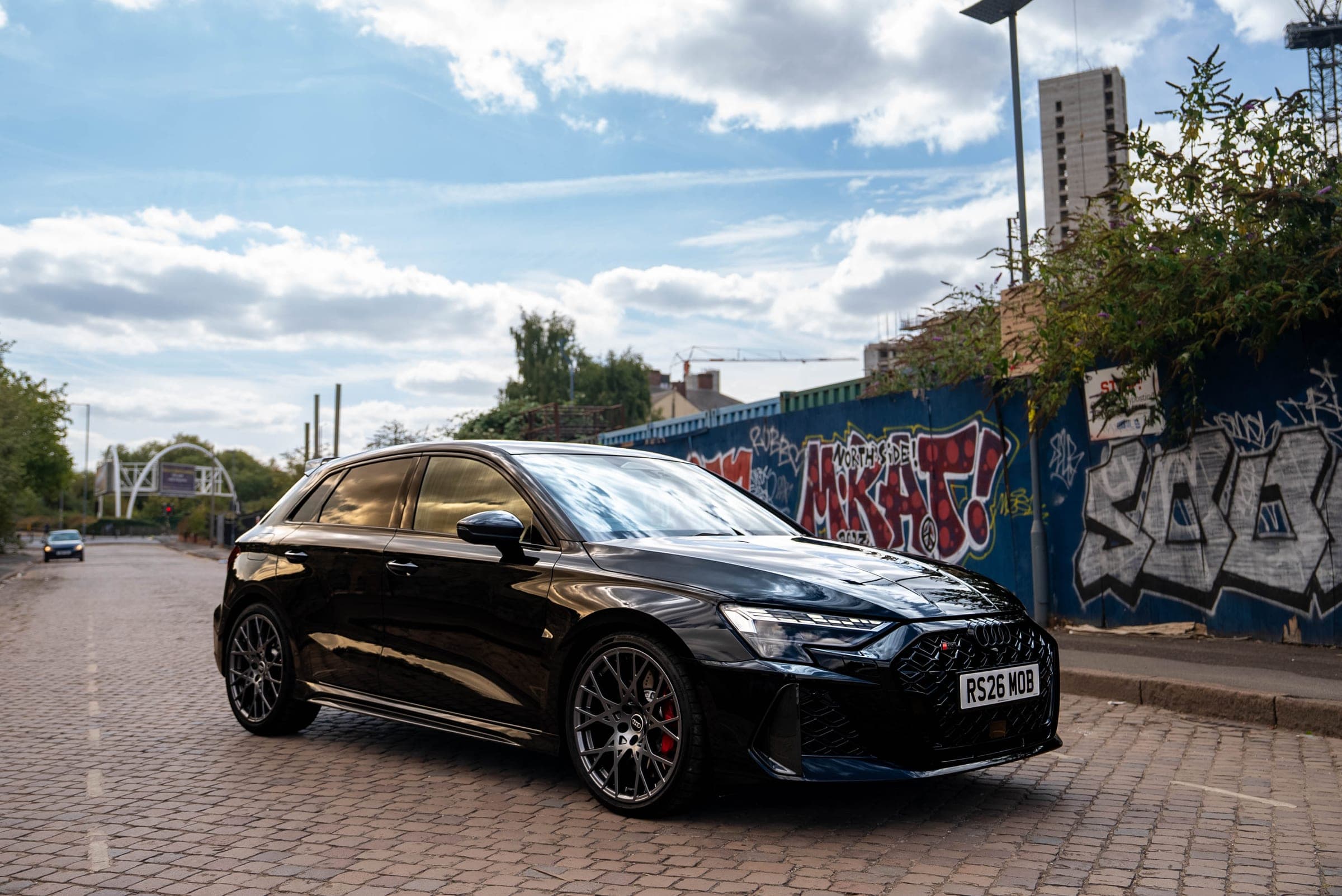 Black Audi RS3 Sportback for performance car hire at CVS Car Hire Birmingham
