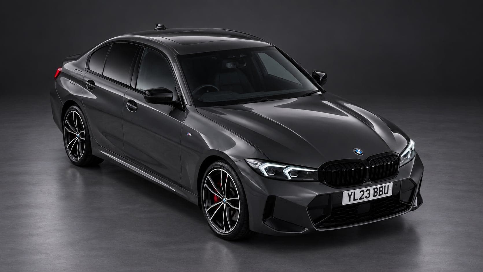 Grey BMW 3 Series M Sport, elevated front three-quarter, available to hire from CVS Car Hire