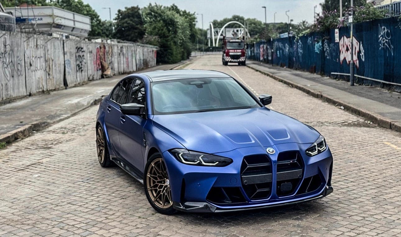 Matte blue BMW M3 with gold wheels for performance car hire at CVS Car Hire Birmingham