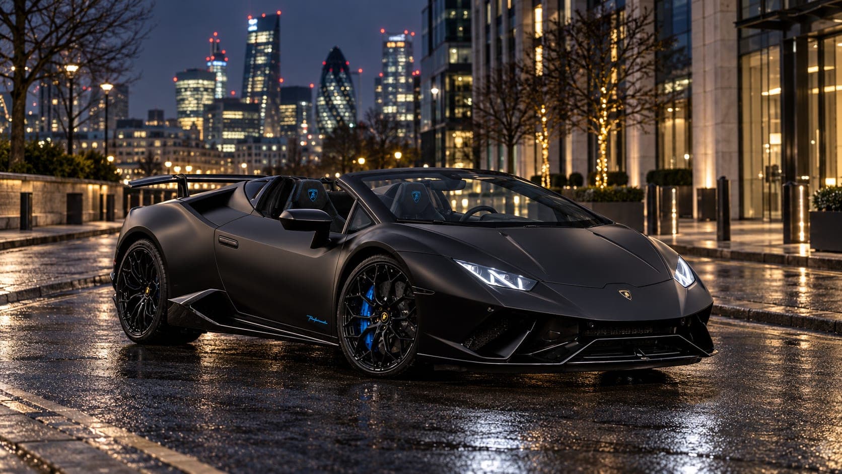 Matte black Lamborghini Huracán Performante Spyder in the City of London at night, available to hire from CVS Car Hire