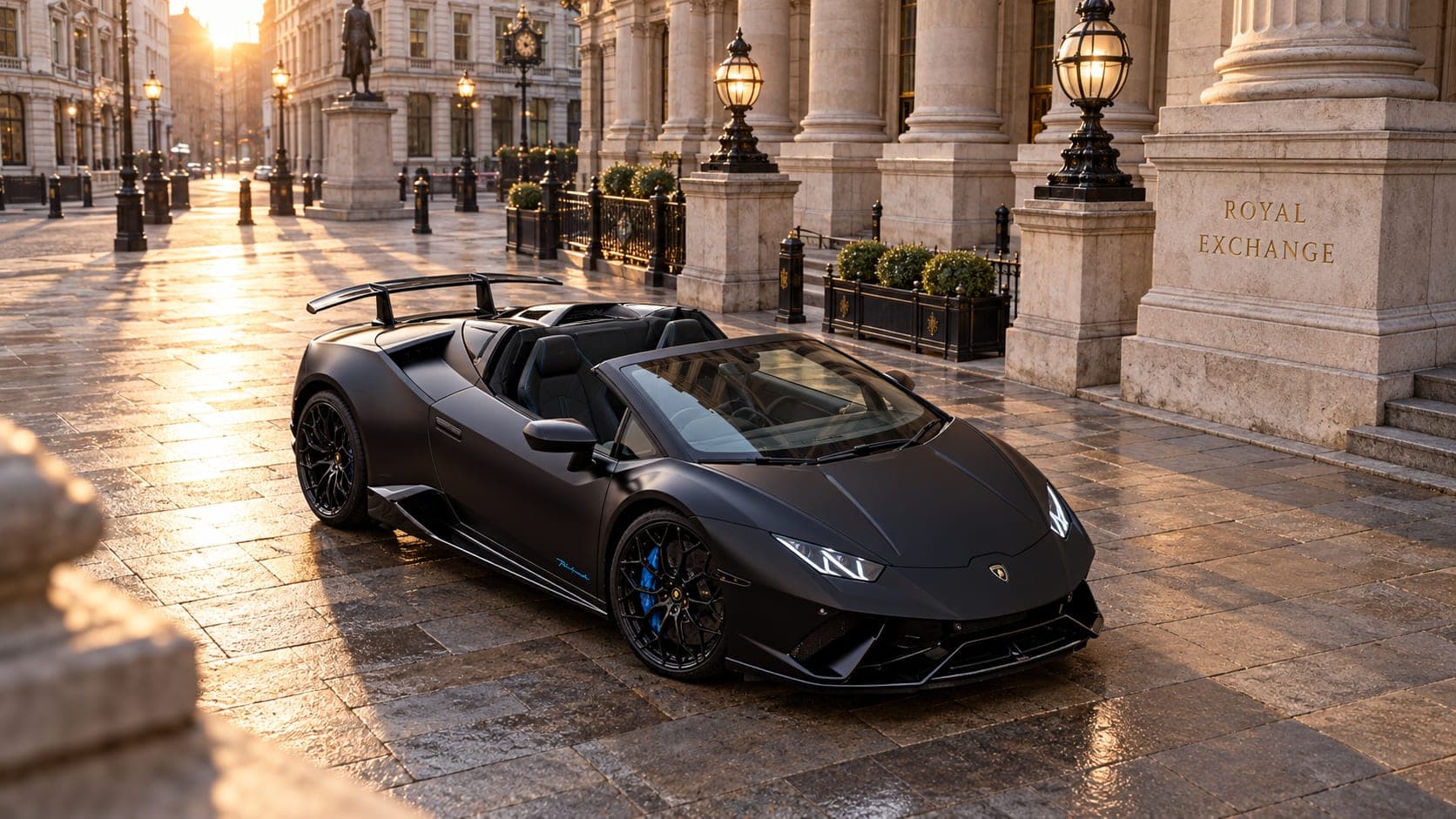 Matte black Lamborghini Huracán Performante Spyder at the Royal Exchange, London — supercar hire from CVS Car Hire