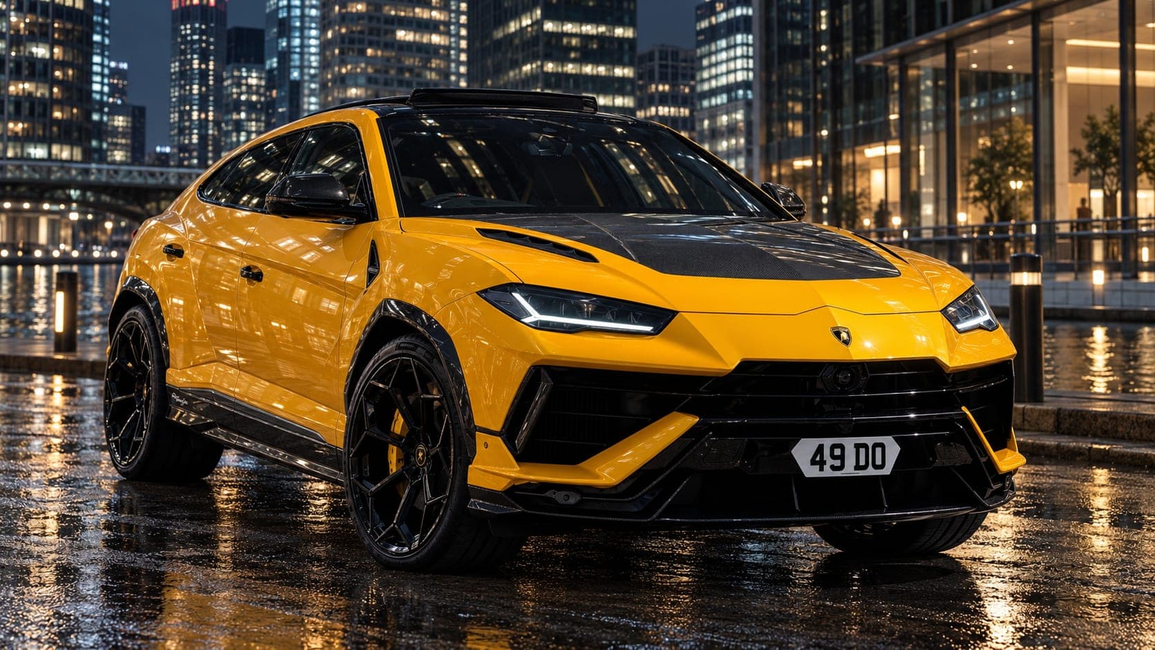 Lamborghini Urus Performante in Canary Wharf at night