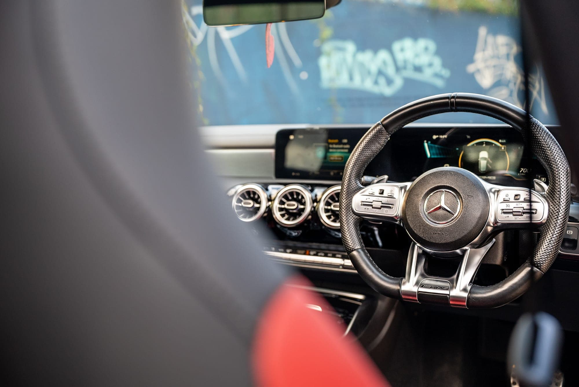 Mercedes-AMG A 35 steering wheel and cockpit