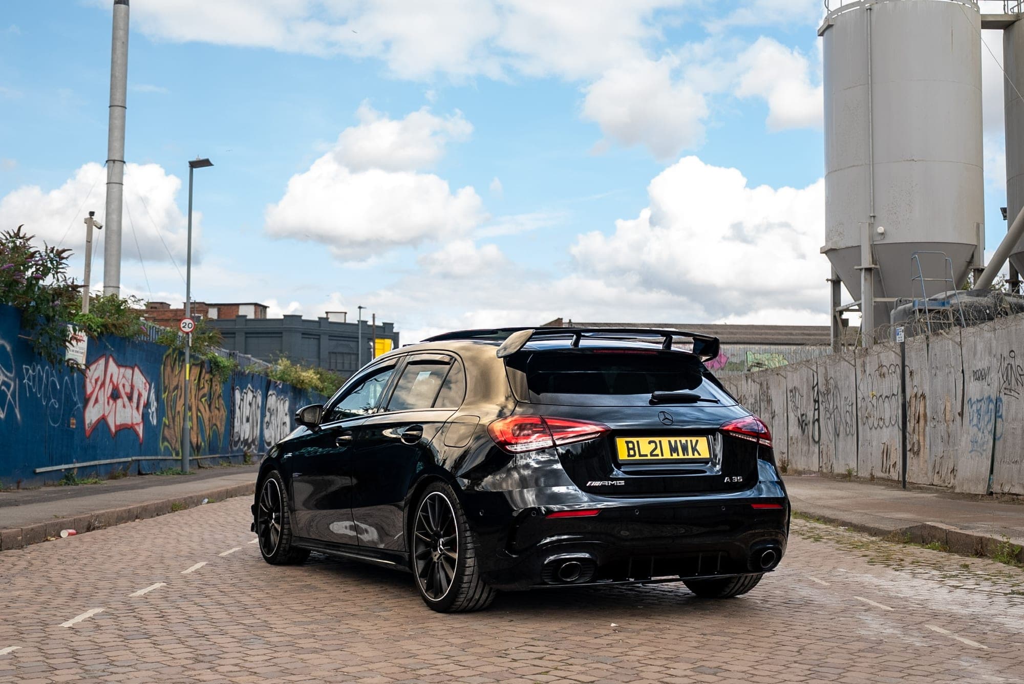 Rear of the black Mercedes-AMG A 35
