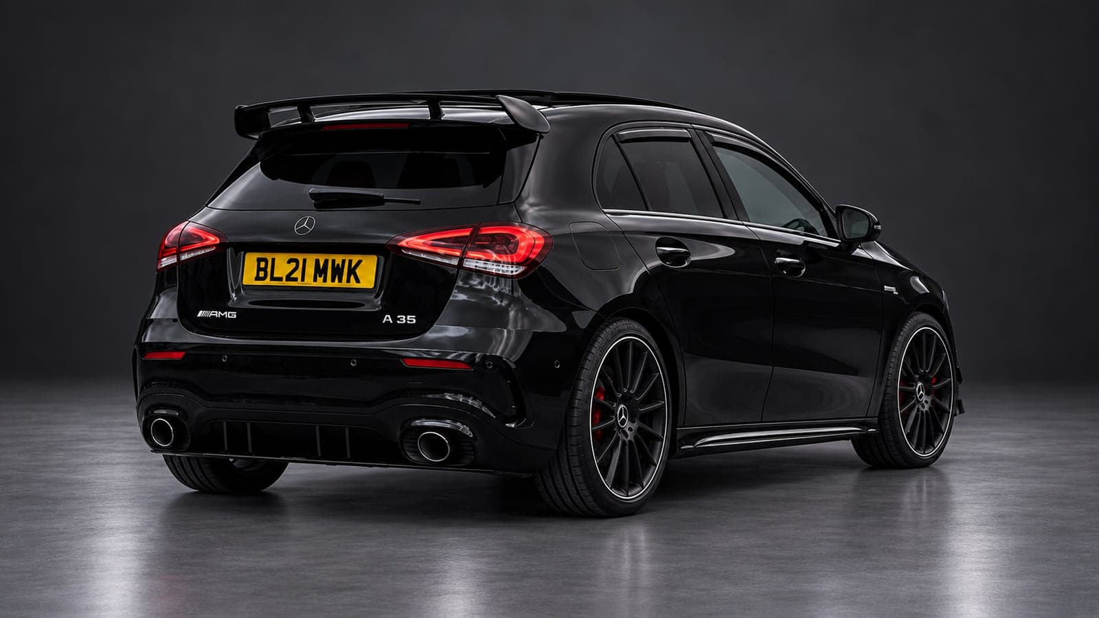 Black Mercedes-AMG A 35, rear three-quarter, available to hire from CVS Car Hire
