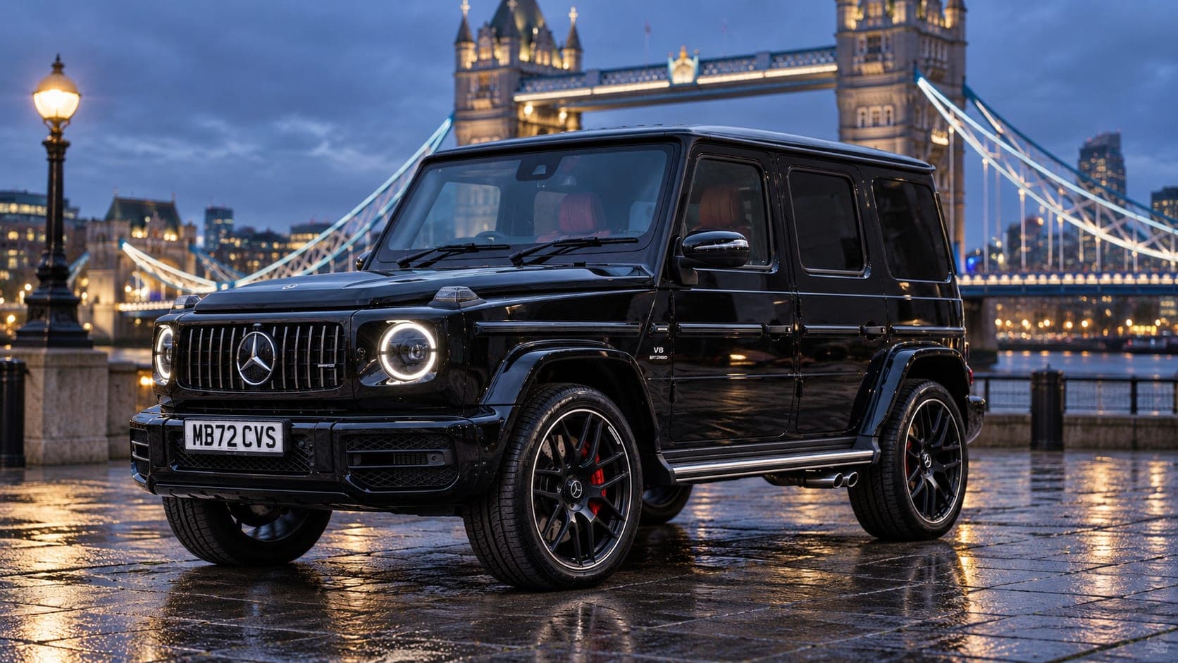 Black Mercedes-AMG G 63 by Tower Bridge at dusk