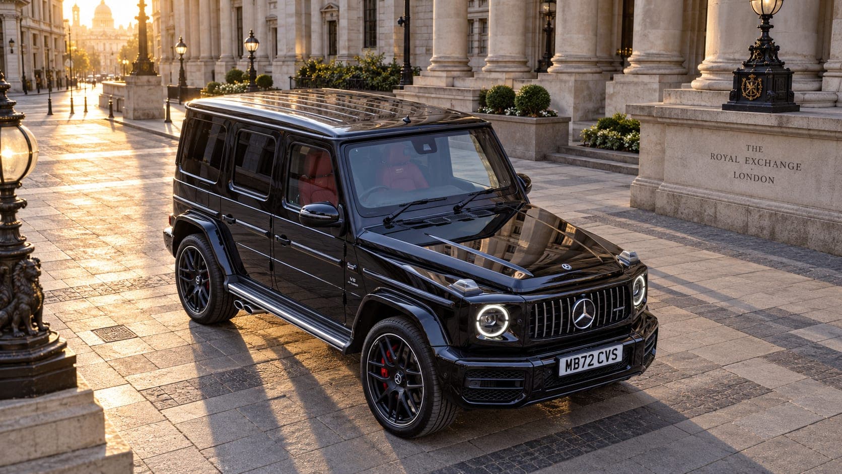 Black Mercedes-AMG G 63 at the Royal Exchange, London, available to hire from CVS Car Hire