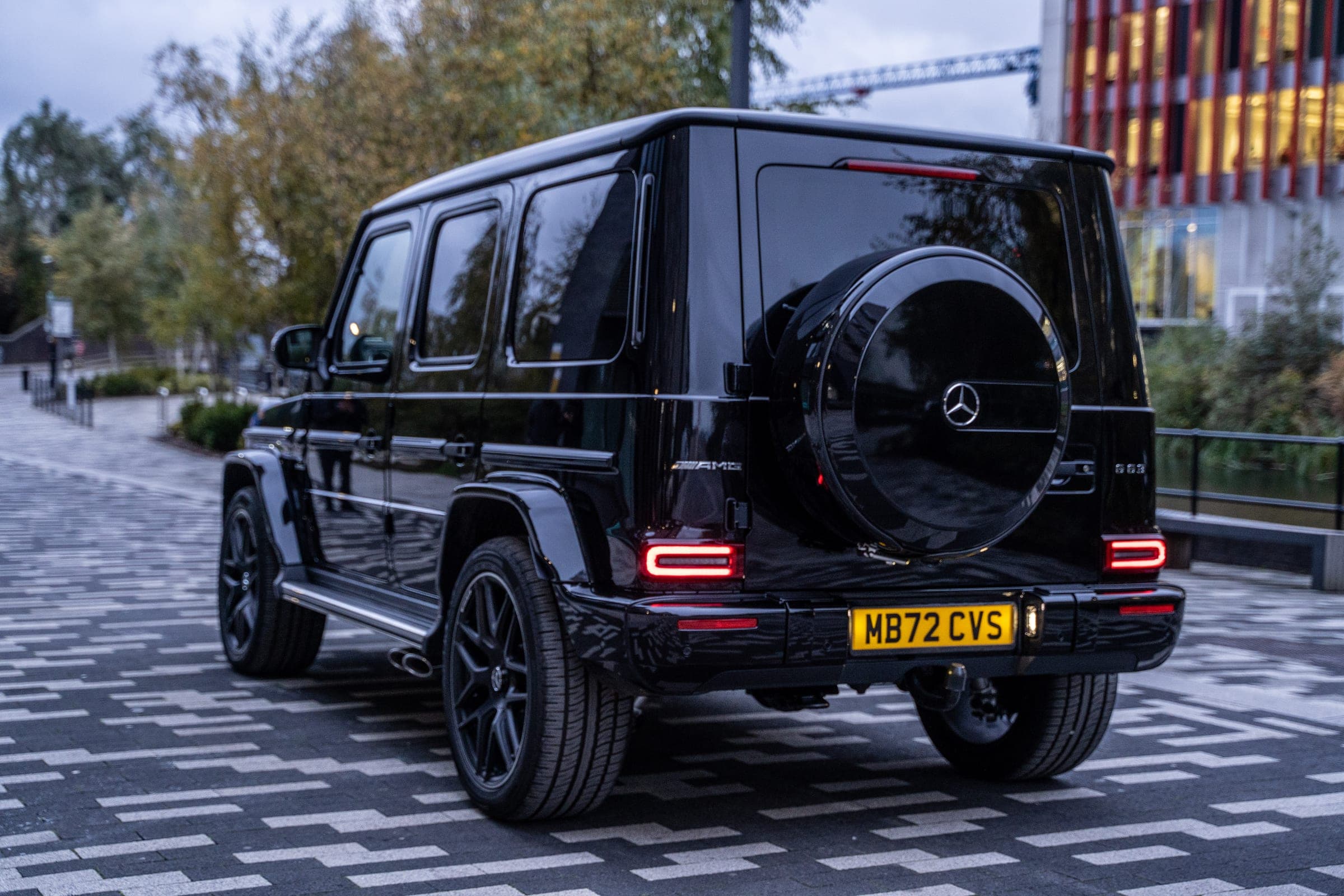Rear of the Mercedes-AMG G 63 with its side-hinged spare wheel
