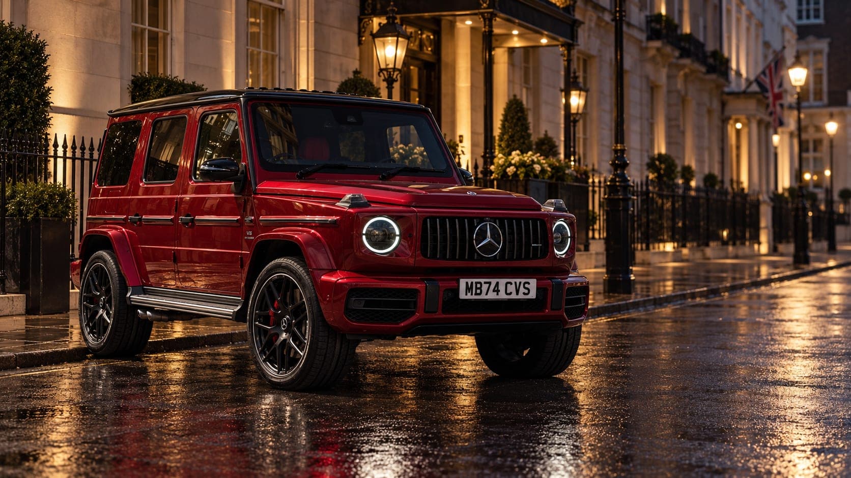 Red Mercedes-AMG G63 outside a Mayfair townhouse, available to hire from CVS Car Hire