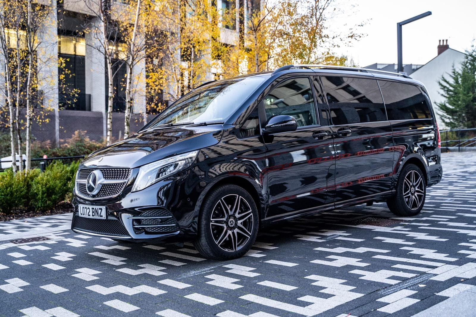 Front three-quarter view of the black Mercedes-Benz V-Class
