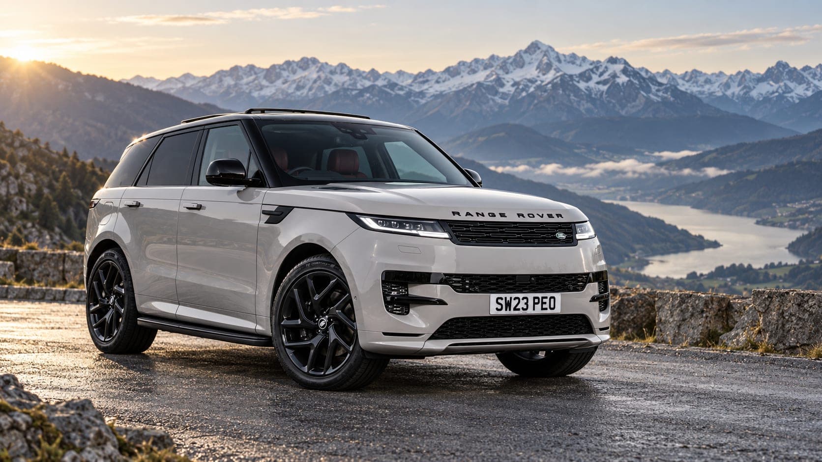 Range Rover Sport by an alpine lake at sunset