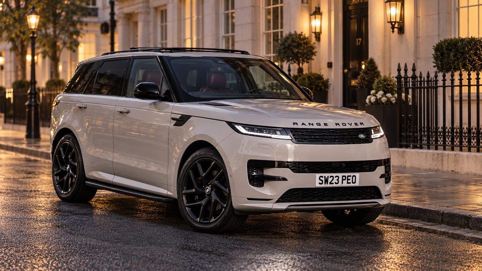 Range Rover Sport outside a Belgravia townhouse at dusk
