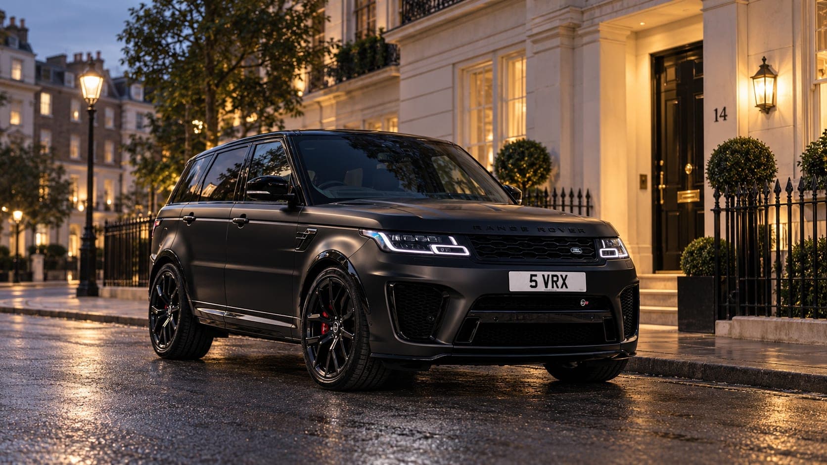 Matte black Range Rover Sport SVR in Belgravia — performance 4x4 hire from CVS Car Hire