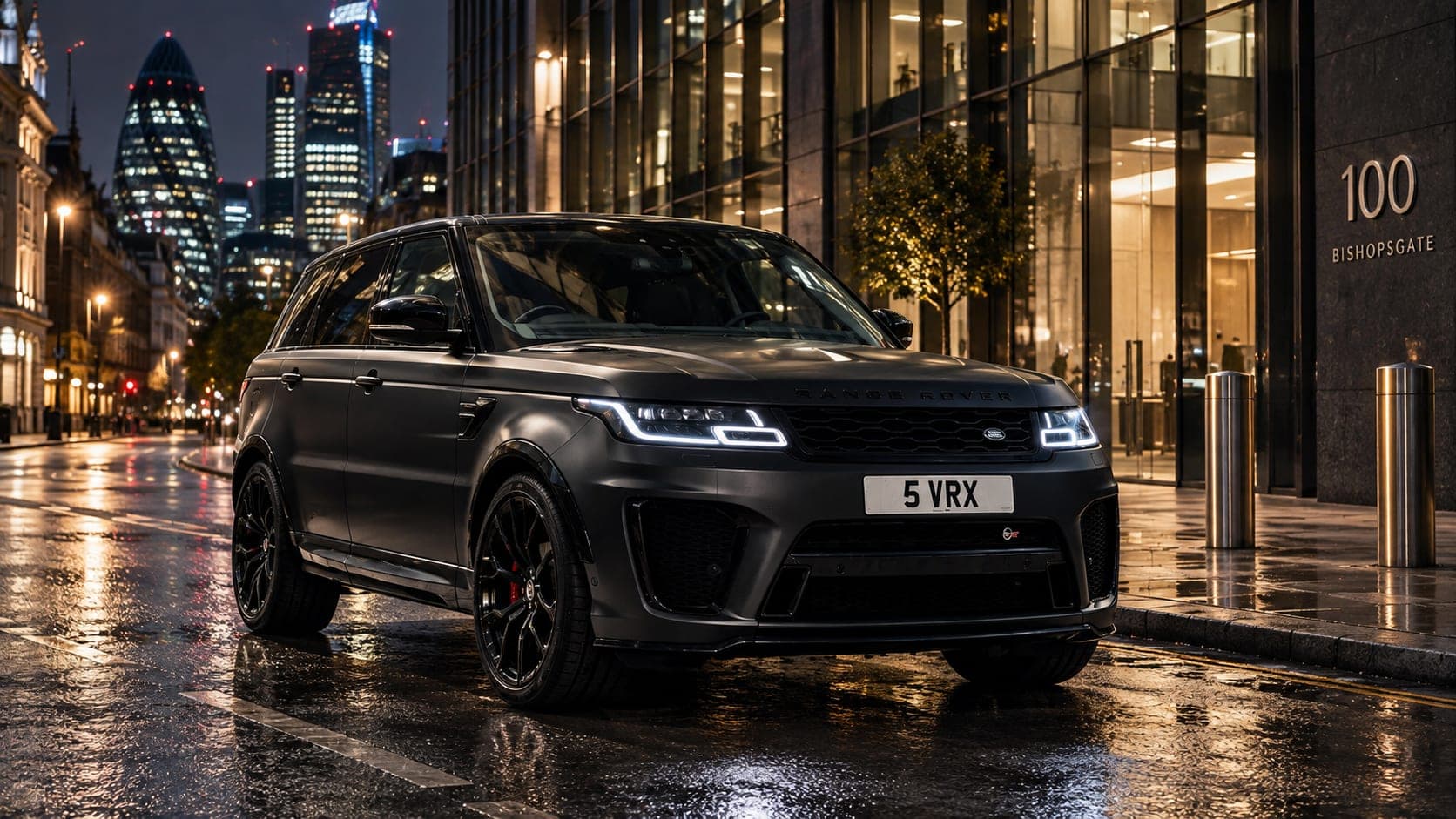 Matte black Range Rover Sport SVR in the City of London at night
