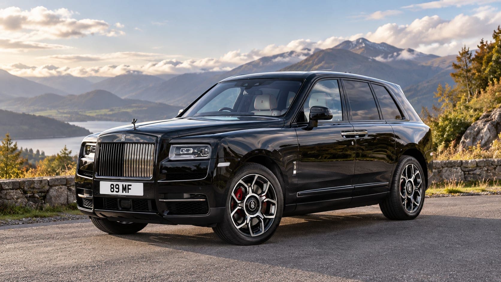 Black Rolls-Royce Cullinan Black Badge in the Scottish Highlands, available to hire from CVS Car Hire